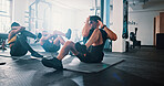 Gym, people and sit ups with personal trainer, fitness and workout for training or class routine. Coaching, goals and target with group of sports exercise in health club together for core muscle