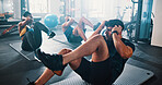 Workout, people and sit ups with personal trainer, class and gym for training or fitness routine. Coaching, goals and target with group of sports exercise in health club together for core muscle