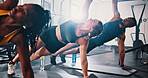 Workout, exercise and side plank with personal trainer, class and gym for training or fitness routine. Coaching, goals and target with group of sports people in health club together for core muscle