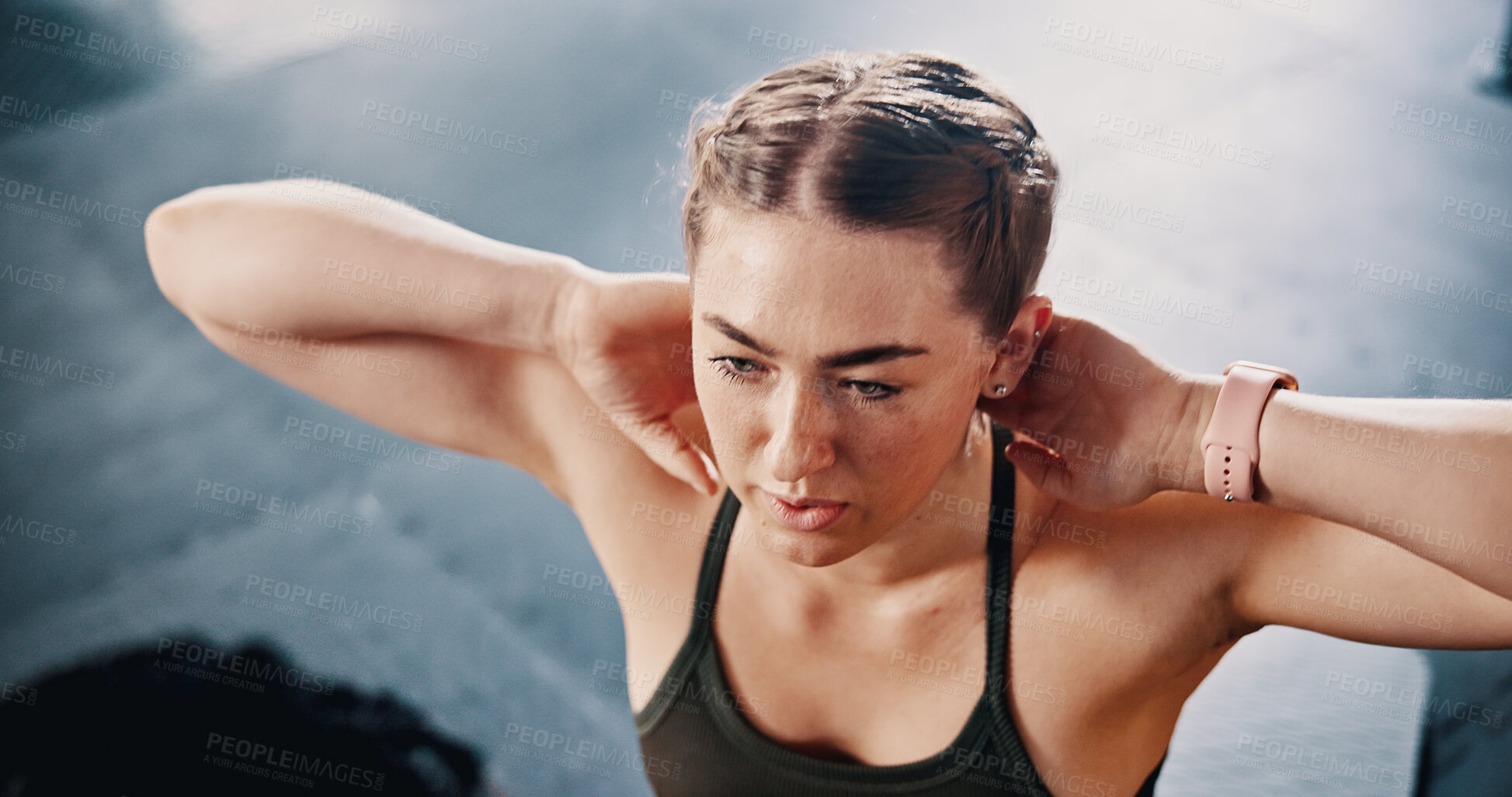 Buy stock photo Crunches, fitness and sit ups with woman in gym for training, bodybuilder and health challenge. Exercise, wellness and performance with person in sports club for workout, strong athlete and cardio