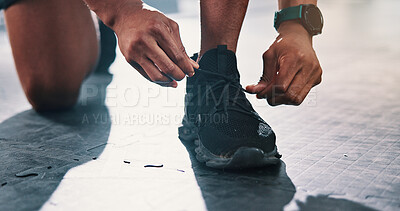 Buy stock photo Shoelace, fitness and preparing for workout, hands and ready for training in morning, sneakers and outdoor. Active, person and tying shoes for exercise, wellness and athlete with footwear for sports