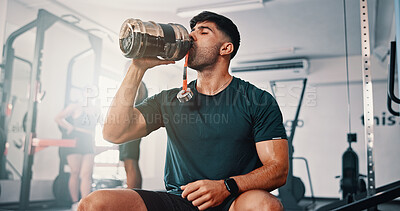 Buy stock photo Break, drinking water and exercise with man in gym for fitness, training or workout routine. Bottle, hydration and performance with thirsty athlete in health club for physical improvement or recovery