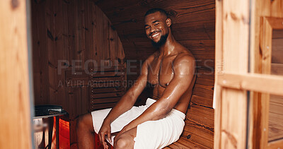 Buy stock photo Sauna, fitness and portrait of black man in gym for muscle recovery, post workout and health in sports center. Detox therapy, athlete cramp and wellness with person in steam room for sweating