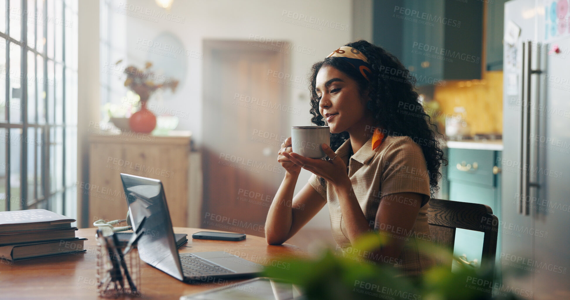 Buy stock photo Woman, student and laptop with coffee in home for online course, e learning and development in morning. Girl, person and tea cup with computer for education, scholarship and class on web at house