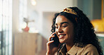 Home, phone call and woman with smile, conversation and communication with positive news. Apartment, happy person or girl in lounge, smartphone or mobile user with digital app for chatting or contact