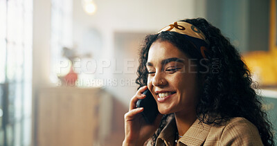Buy stock photo Home, phone call and woman with smile, conversation and communication with positive news. Apartment, happy person or girl in lounge, smartphone or mobile user with digital app for chatting or contact