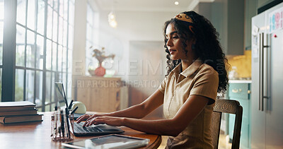 Buy stock photo Woman, student and laptop with typing in home for online course, e learning and development in morning. Girl, person and editing project with pc for education, scholarship and class on web at house
