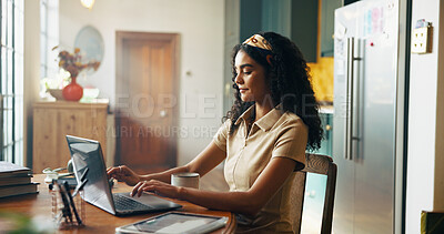 Buy stock photo Girl, student and laptop with typing in kitchen for online course, e learning or development in morning. Woman, person and editing project on pc for education, scholarship or research on web at house