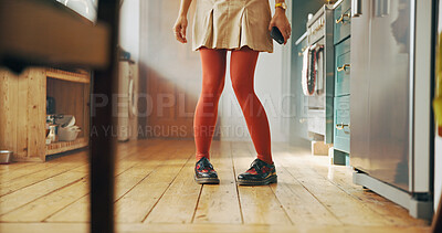 Buy stock photo Dancing, fashion and shoes of woman in kitchen for casual, energy step and celebration. Legs, footwear style and dancer with feet of person and floor at home for trendy, chic and entertainment