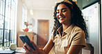 University student, girl and smile with phone in home for study break, checking notifications or online post. Gen z, person and happy with smartphone for social media, college schedule or mobile chat