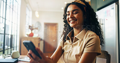 Buy stock photo University student, girl and smile with phone in home for study break, checking notifications or online post. Gen z, person and happy with smartphone for social media, college schedule or mobile chat