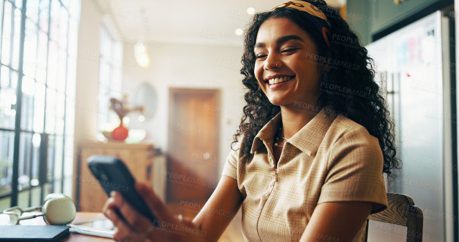 Buy stock photo University student, girl and smile with phone in home for study break, checking notifications or online post. Gen z, person and happy with smartphone for social media, college schedule or mobile chat