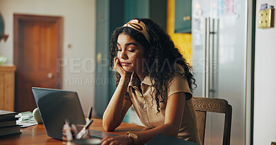 Buy stock photo Bored, laptop and woman in home with remote work for creative project with fatigue for deadline. Exhaustion, computer and female copywriter with freelance job for magazine publishing in apartment.