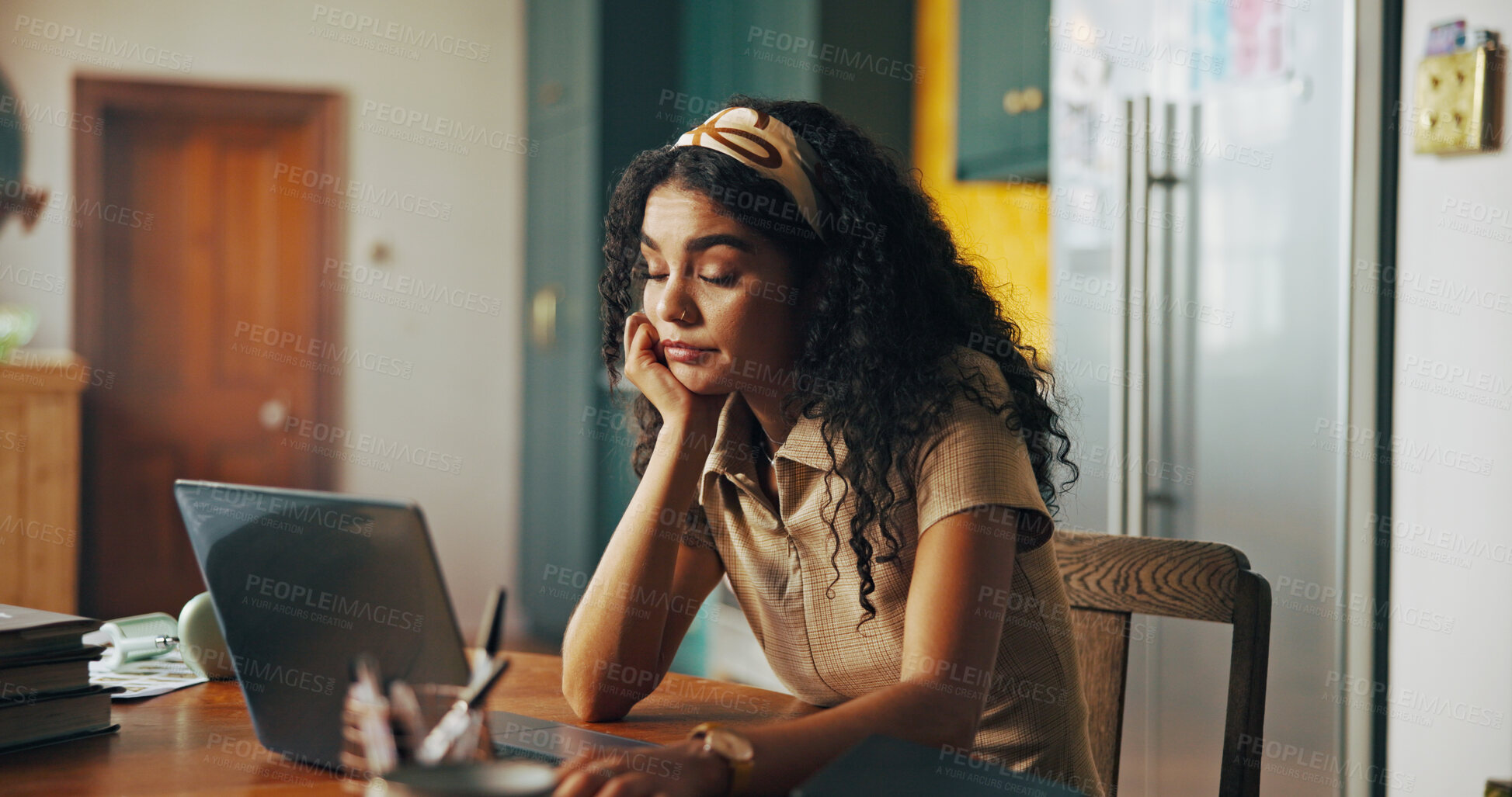 Buy stock photo Bored, laptop and woman in home with remote work for creative project with fatigue for deadline. Exhaustion, computer and female copywriter with freelance job for magazine publishing in apartment.