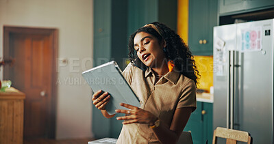Buy stock photo Phone call, remote work and tablet with woman in home for small business planning or research. App, communication and startup with freelance person in apartment kitchen for professional development