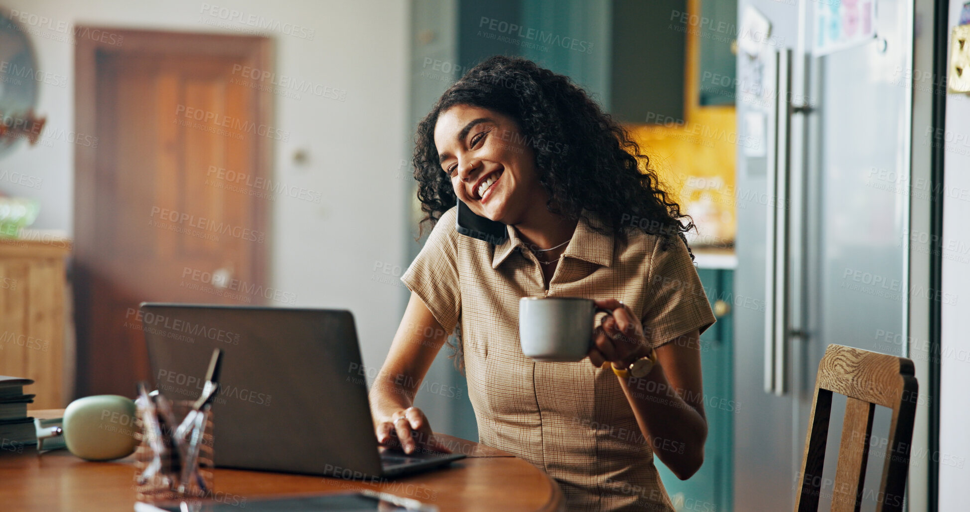 Buy stock photo Remote work from home, phone call and woman with laptop, creativity and research for project. Person, writer and entrepreneur with computer, morning coffee and smile with connection and communication