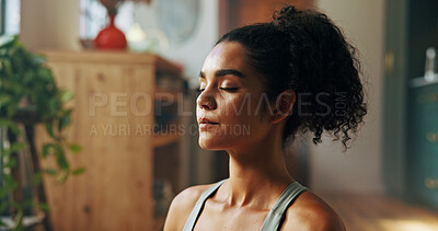 Buy stock photo Balance, meditation and yoga with woman in kitchen of home for health, holistic routine or inner peace. Awareness, chakra and stress relief with yogi person on floor in apartment for mindfulness