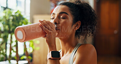 Buy stock photo Home, woman and fitness with water to drink, hydration and nutrition for wellness after exercise. House, female person and workout break with liquid bottle for h2o, detox and thirsty in apartment