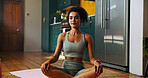 Fitness, portrait and yoga with woman in kitchen of home for balance, health or holistic routine. Chakra, meditation and stress relief with yogi person on floor in apartment for exercise or wellbeing