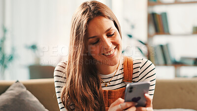 Buy stock photo Phone, happy and woman on sofa in home with networking, communication or contact on mobile app. Relax, cellphone and female person texting on social media for online conversation in living room.