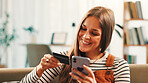 Smile, woman and phone with credit card at house for payment, online shopping and banking information. Person. mobile app and pin for financial transaction, ecommerce purchase and investment website