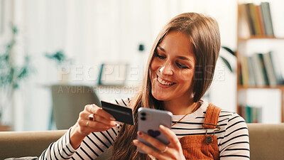 Buy stock photo Smile, woman and phone with credit card at house for payment, online shopping and banking information. Person. mobile app and pin for financial transaction, ecommerce purchase and investment website