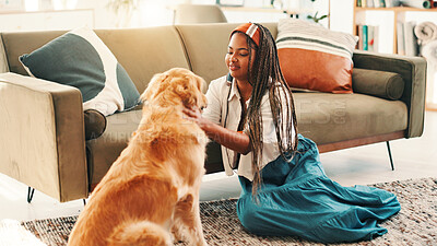 Buy stock photo Home, obedience or black woman with dog, support or companion on sofa for learning or bonding. Animal adoption, training or happy girl with love for teaching golden retriever, best friend and pet