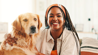 Buy stock photo Hug, portrait or black woman in home with dog, support or companion on sofa for care or love. Animal adoption, happy or African girl in apartment with golden retriever, best friend or pet for bonding