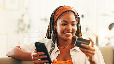 Buy stock photo Smile, black woman and phone with credit card at house for payment, online shopping and bank information. Person, mobile and pin for financial transaction, ecommerce purchase and investment website