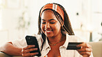 Happy, black woman and phone with credit card at house for payment, online shopping and bank information. Person. mobile and pin for financial transaction, ecommerce purchase and investment website