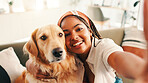 Relax, black woman and selfie with dog on sofa for comfortable, animal adoption and canine companion. Portrait, girl and pet care with golden retriever in living room at home for calm and cozy animal
