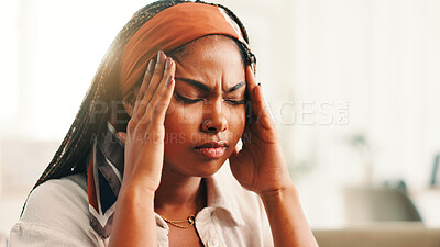 Buy stock photo Burnout, headache and stress with woman on sofa in living room of home for break or recovery. Anxiety, migraine or tension and black person in apartment with symptoms of discomfort, fatigue or pain