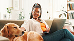 Laptop, relax and smile of woman with dog on sofa in living room of home for browsing or education. Computer, learning or study with labrador and pet owner in apartment for bonding or development