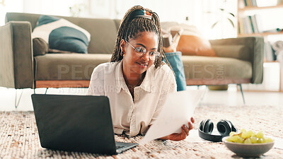 Buy stock photo Laptop, smile and black woman on floor, living room and search on social media. Computer, student and African person with project document, research or online browsing on carpet for university