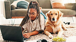 Remote work from home, dog and woman with laptop, connection and internet with freelancer. Person, apartment or entrepreneur on carpet, animal and pc with research for article, copywriting or network