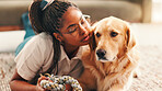 Dog, relax or African girl in home with support, peace or companion in lounge for care or love. Animal adoption, affection or woman in house bonding with golden retriever, best friend or pet for hug