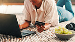 Hands, woman and laptop with credit card at house for payment, online shopping and banking information. Person. digital and typing for financial transaction, ecommerce purchase and investment website