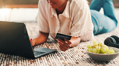 Buy stock photo Hands, woman and laptop with credit card at house for payment, online shopping and banking information. Person. digital and typing for financial transaction, ecommerce purchase and investment website