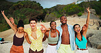 Portrait, happy and friends with hug on beach for travel celebration, freedom and summer holiday. Excited, people and embrace with achievement of vacation trip, tropical island and reunion of getaway
