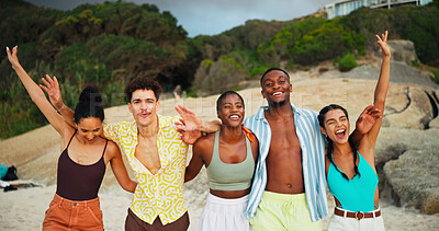 Buy stock photo Portrait, happy and friends with hug on beach for travel celebration, freedom and summer holiday. Excited, people and embrace with achievement of vacation trip, tropical island and reunion of getaway