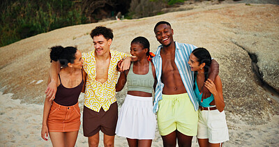 Buy stock photo Smile, group and friends with hug on beach for travel reunion, social gathering and summer holiday. People, laugh and funny joke with embrace for vacation trip, tropical island and bonding on getaway