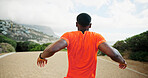 Athlete, man and stretching for fitness outdoor for exercise, cardio training and marathon practice. Back, person and warm up with sports workout of morning routine, physical performance and wellness