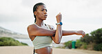 Arms, runner or black woman stretching on road for running exercise, thinking or fitness training. Ideas, muscle warm up or African athlete on street with wellness, mobility workout or outdoor sports