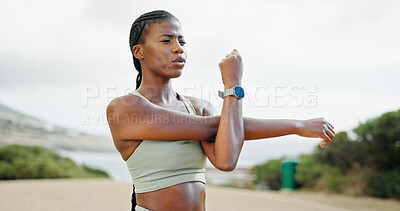 Buy stock photo Arms, runner or black woman stretching on road for running exercise, thinking or fitness training. Ideas, muscle warm up or African athlete on street with wellness, mobility workout or outdoor sports