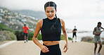 Tired, running and woman in street, fitness and breathing with training, exercise and cramp with pain. People, runner and athlete with workout, outdoor and practice with health, wellness and cardio