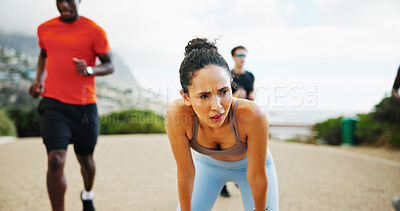 Buy stock photo Tired, sweating and woman in street, fitness and breathing with training, exercise and fatigue. People, runner and athlete with workout, outdoor and exhausted with health, wellness and challenge