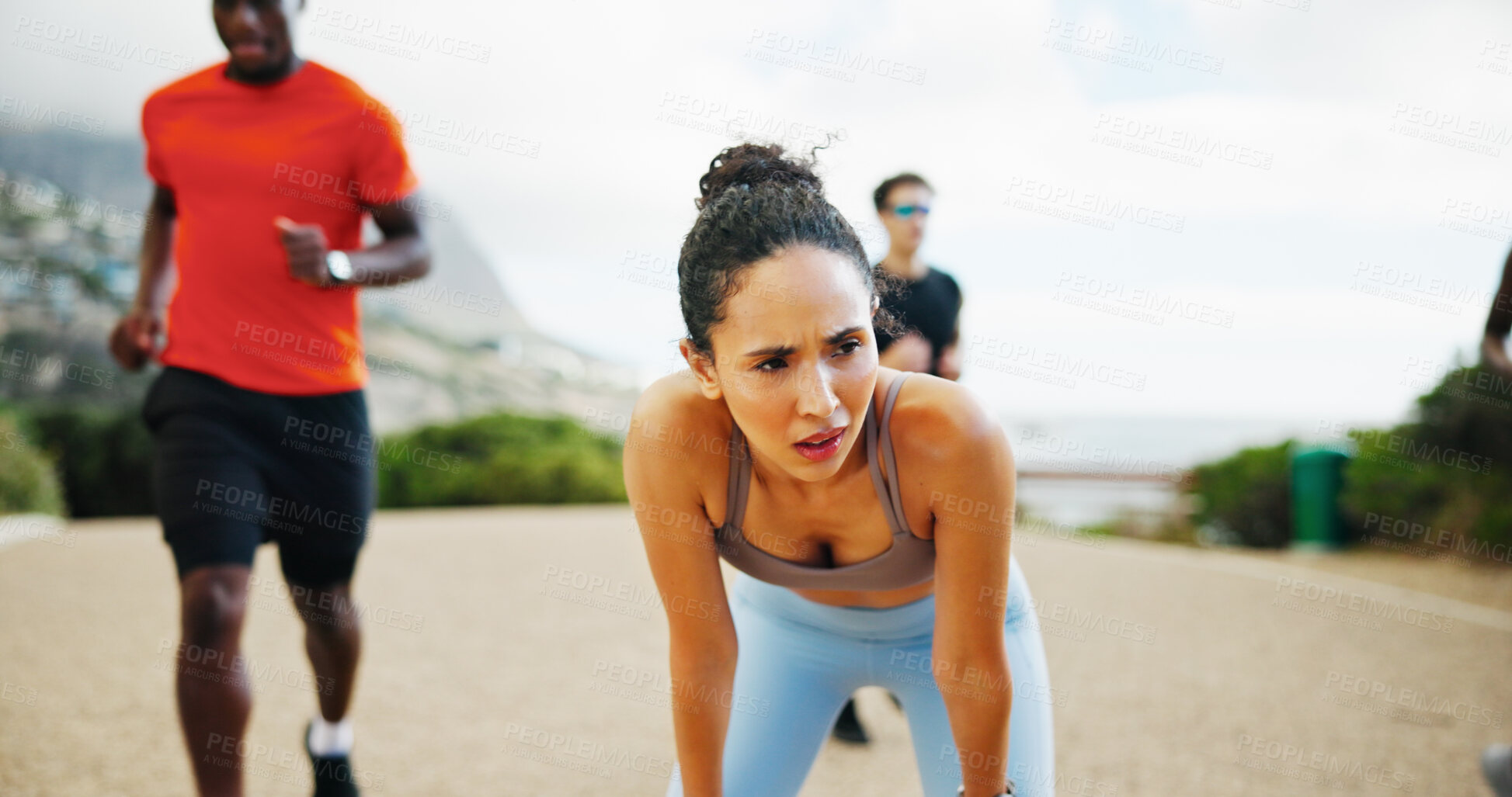 Buy stock photo Tired, sweating and woman in street, fitness and breathing with training, exercise and fatigue. People, runner and athlete with workout, outdoor and exhausted with health, wellness and challenge