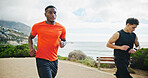 Men, friends and running for fitness outdoor for exercise, cardio training and marathon practice. Active, people and team for morning routine of sport workout, physical performance and wellness goals