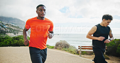 Buy stock photo Men, friends and running for fitness outdoor for exercise, cardio training and marathon practice. Active, people and team for morning routine of sport workout, physical performance and wellness goals