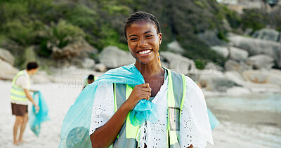 Buy stock photo Portrait, recycling and smile of woman on beach for community service or conservation. Charity, earth and plastic bag with volunteer outdoor on coast for activism, responsibility or sustainability